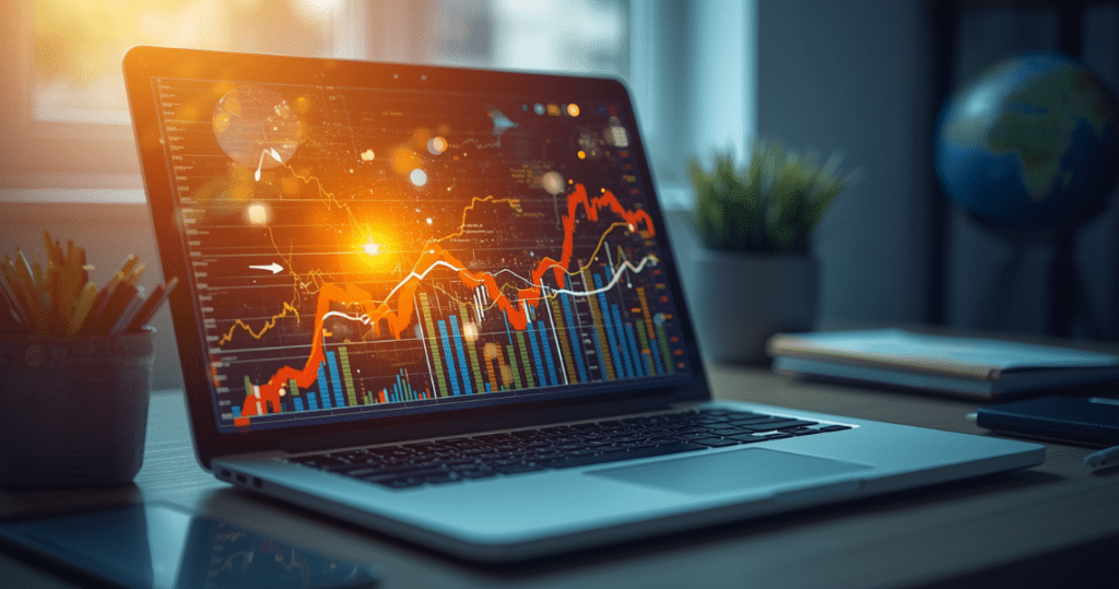 Laptop mit Finanzgrafiken als Symbol für digitale Geschäftsmodelle mit einer US LLC für Ausländer und staatenlos