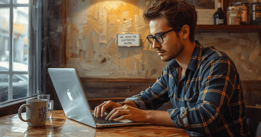"Staatenlos" Digitaler Nomade im Café arbeitet ortsunabhängig mit seiner US LLC für internationale Kunden