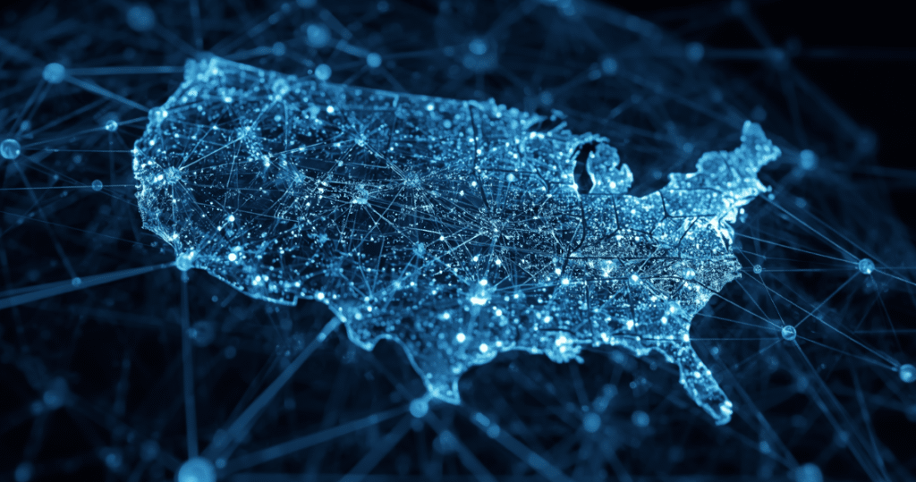 Digitale Netzwerkkarte der USA, Symbol für internationale Geschäftsverbindungen mit einer US LLC
