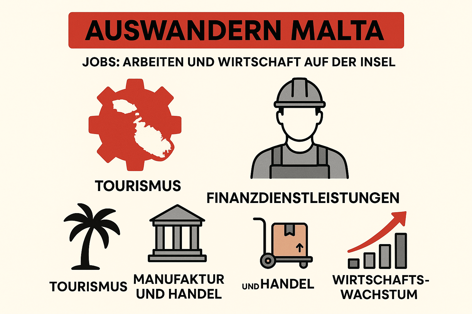 Infografik zu Jobs, Wirtschaft, Tourismus und Handel bei Auswanderung nach Malta