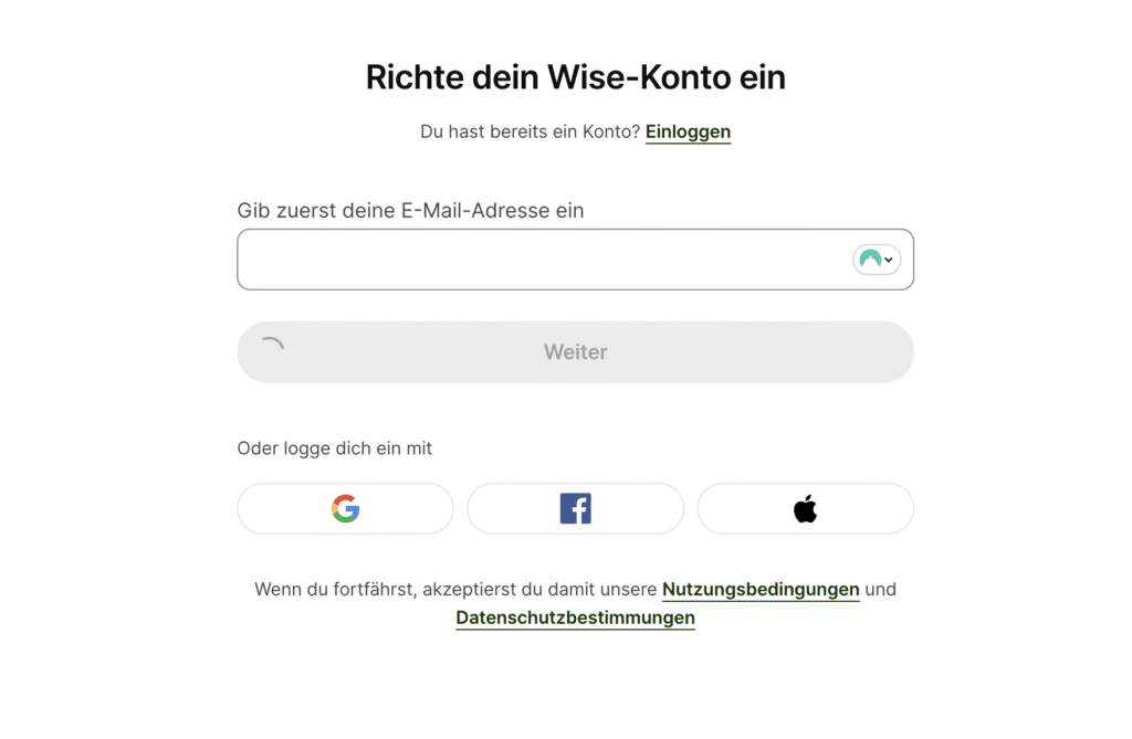 Wise Konto eröffnen – Erster Schritt im Registrierungsprozess mit Eingabefeld für E-Mail-Adresse auf der Wise Website