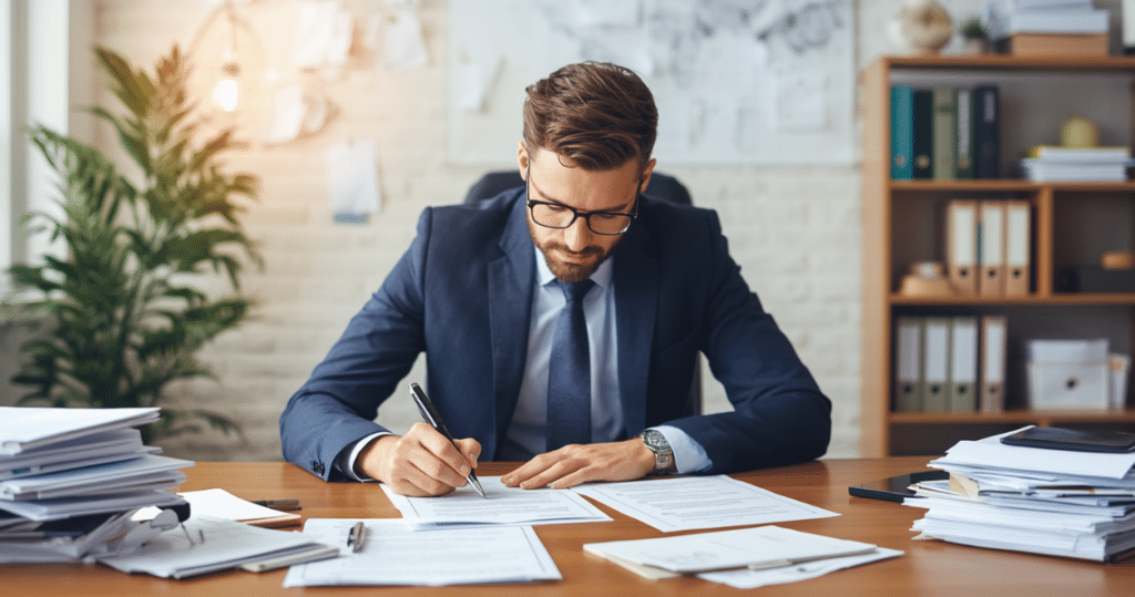 Geschäftsführer arbeitet an Gründungsunterlagen für eine UK Ltd. Holding und GmbH-Anteile