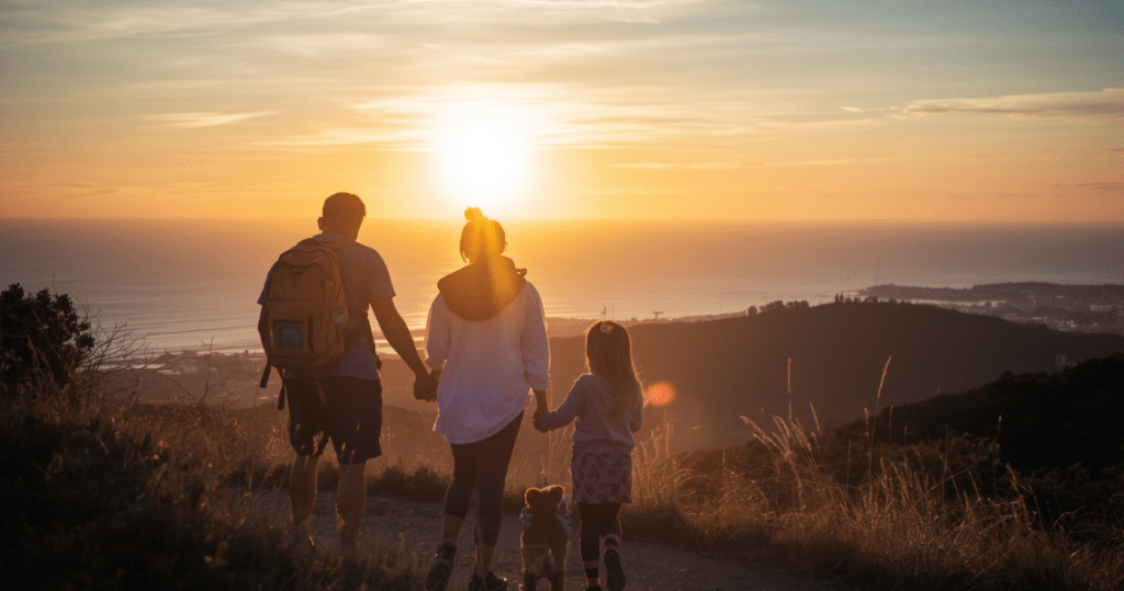 Familie bei Sonnenuntergang an der Küste als Symbol für Uruguay auswandern, nach Uruguay auswandern als Rentner, Auswanderer Uruguay und deutsche Auswanderer in Uruguay