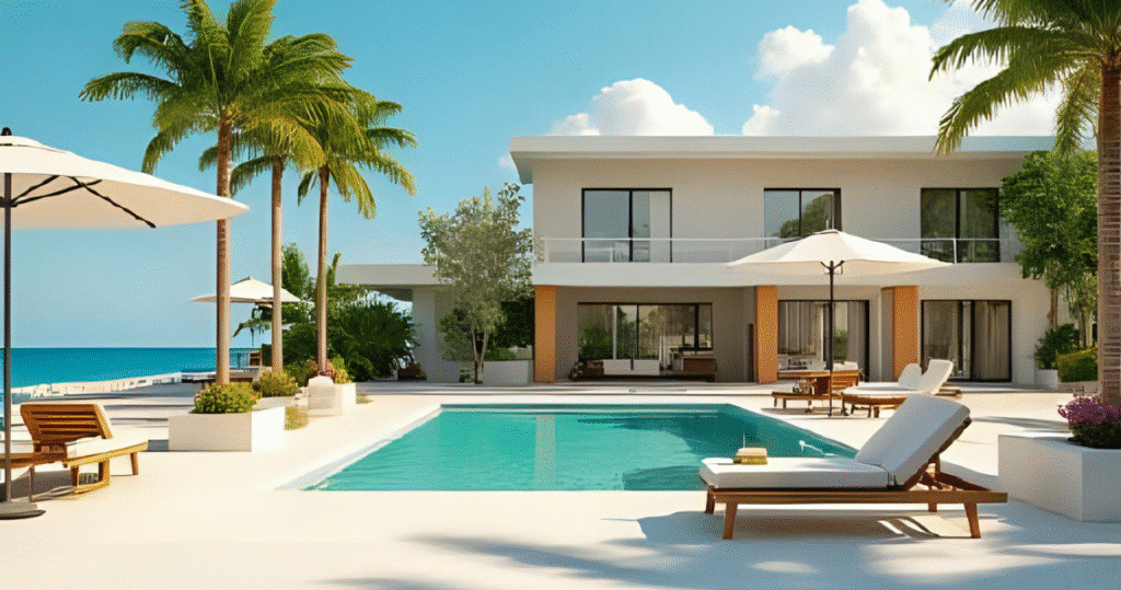 Modernes Haus mit Pool und Palmen, perfektes Ziel für deutsche Auswanderer und Rentner, die nach dominikanische republik auswandern und in eine exklusive Gated Community an der Karibik ziehen möchten. Das Bild steht für Sicherheit, Lifestyle und den besten Neustart beim Auswandern in die dominikanische republik.