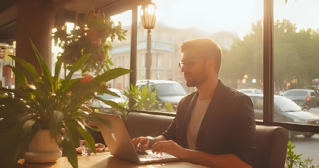Digitaler Nomade arbeitet unterwegs als perpetual traveler flexibel im Café, geniesst das unabhängige Arbeiten und verbindet Reisen mit beruflicher Freiheit