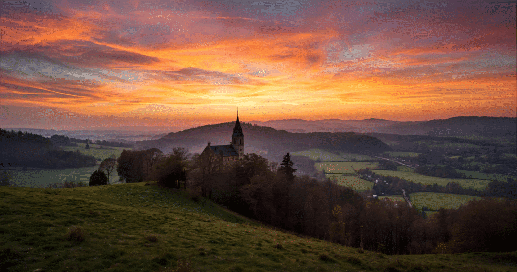 Sonnenuntergang in Siebenbürgen mit Kirche auf Hügel – beliebt bei deutschen Auswanderern und Rentnern, Erfahrungsberichte zum auswandern nach Rumänien.