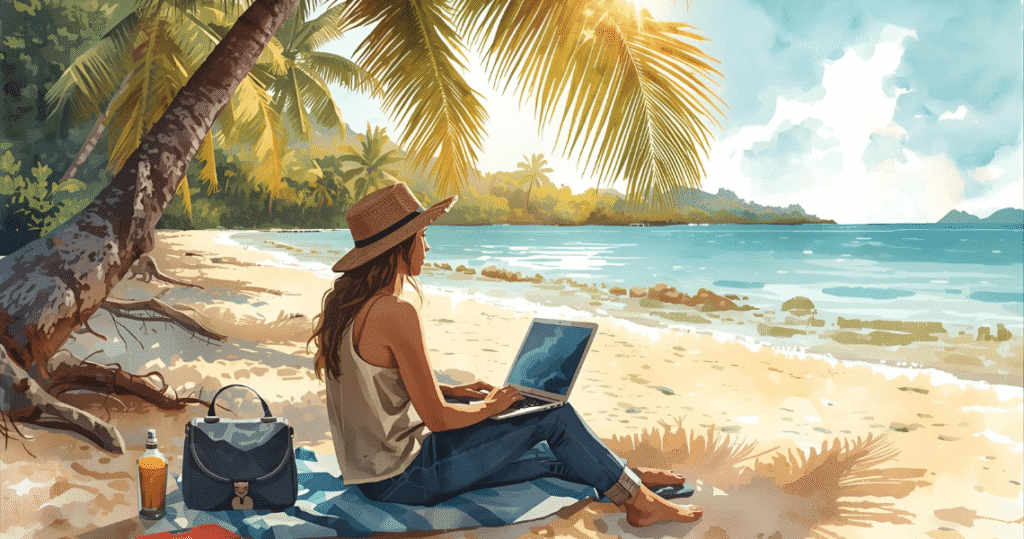 Junge Frau arbeitet als digitaler Nomade und perpetual traveler am Strand, genießt ortsunabhängiges Arbeiten unter Palmen und das Leben im internationalen Lifestyle