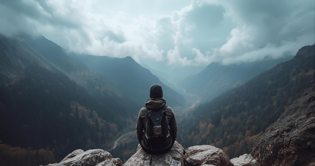 Abenteurer genießt als digitaler Nomade und perpetual traveler auf Reisen die Aussicht in die Berge; ein Sinnbild für ortsunabhängiges Arbeiten und grenzenlose Freiheit