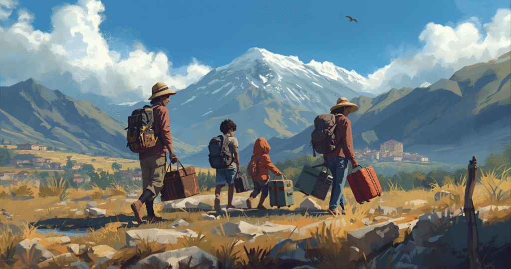 Auswanderer-Familie wandert mit Gepäck durch eine Berglandschaft in Peru
