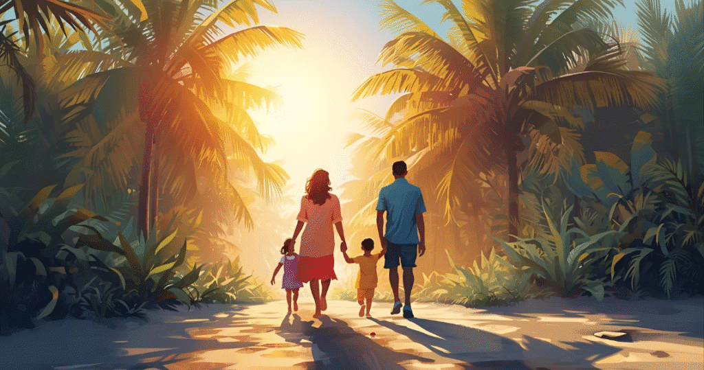 Familie genießt Sonnenuntergang am Palmenstrand in Curaçao – Relocation, Familienleben und Sicherheit für Auswanderer in der Karibik
