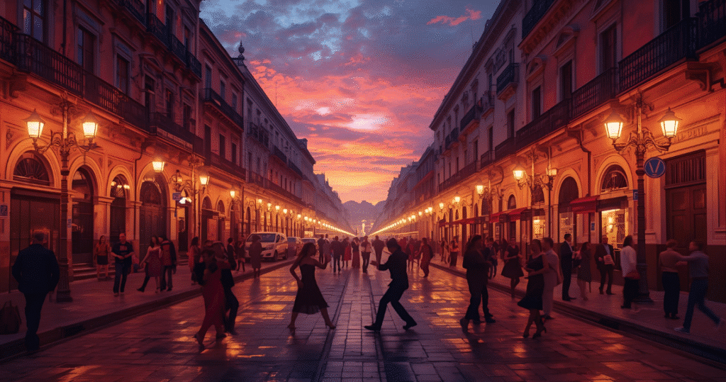 Straßenszene in Buenos Aires am Abend mit Tangotänzern – Auswandern nach Argentinien, Stadtleben und Kultur