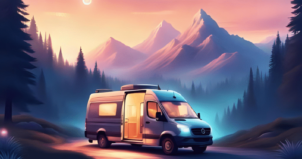 Wohnmobil in atemberaubender Naturkulisse, Symbol für den Start als perpetual traveler und die Freiheit als digitaler Nomade inmitten der Berge, unterwegs arbeiten und ortsunabhängig leben