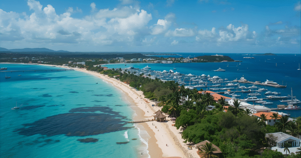 Blick über eine Bucht und Küstenstadt auf Curaçao mit türkisblauem Wasser, perfekte Kulisse für Auswanderer, digitale Nomaden und Unternehmensgründung in der Karibik Blick über eine Bucht und Küstenstadt auf Curaçao mit türkisblauem Wasser, perfekte Kulisse für Auswanderer, digitale Nomaden und Unternehmensgründung in der Karibik
