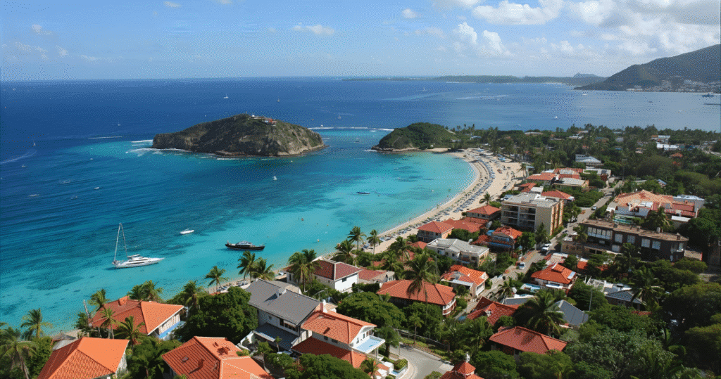 Luftaufnahme mit weißen Sandstränden, Yachthafen und kristallklarem Meer in Curaçao – Paradies für Auswanderer, digitale Nomaden und steueroptimiertes Unternehmertum und Rentner