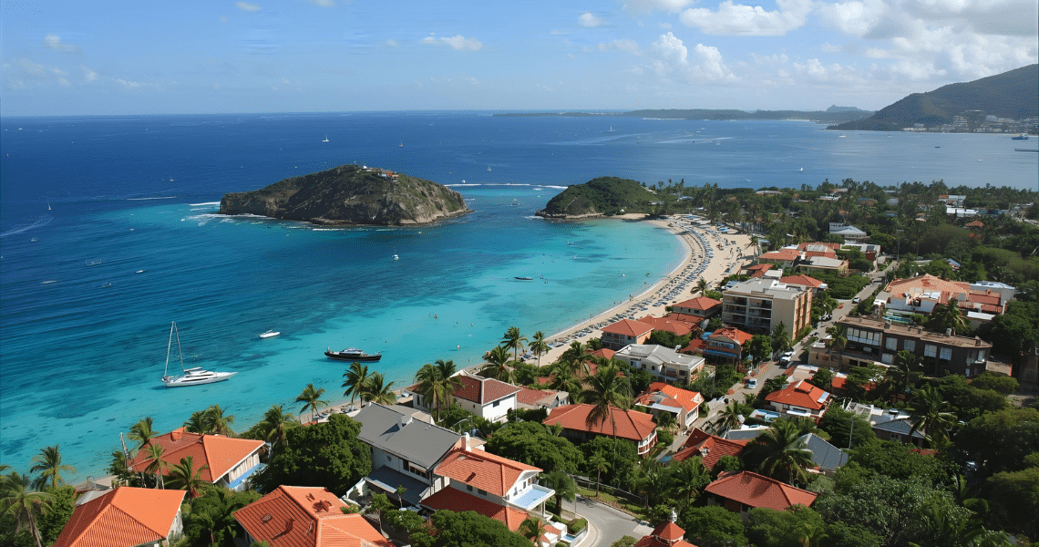 Luftaufnahme mit weißen Sandstränden, Yachthafen und kristallklarem Meer in Curaçao – Paradies für Auswanderer, digitale Nomaden und steueroptimiertes Unternehmertum und Rentner