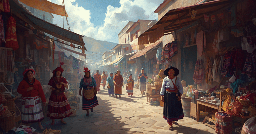 Menschen in traditioneller Kleidung schlendern über einen Markt in Peru