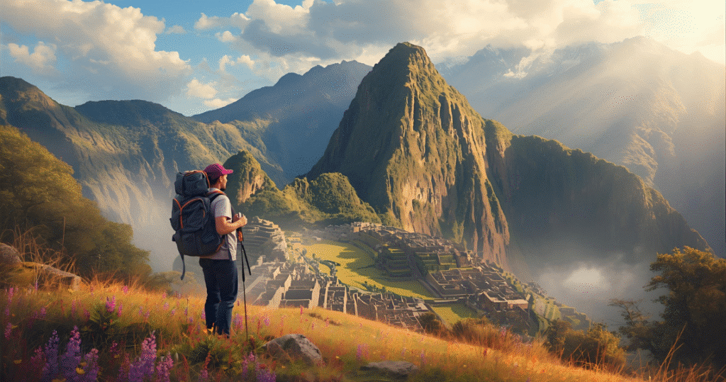 Digitale Nomaden und Auswanderer bestaunen Machu Picchu bei Sonnenaufgang in Peru