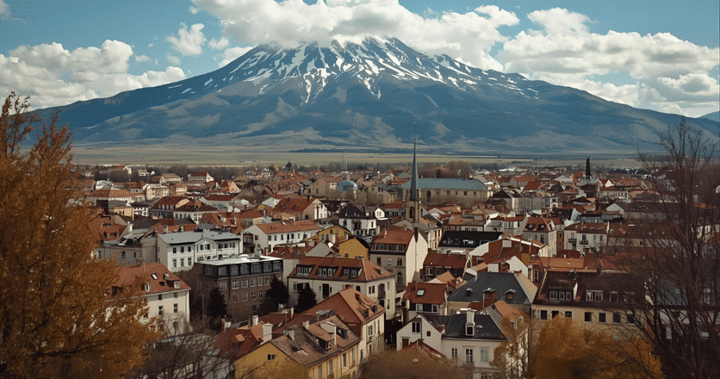 Stadt in Argentinien vor schneebedecktem Berg – Leben und Auswandern in Argentinien
