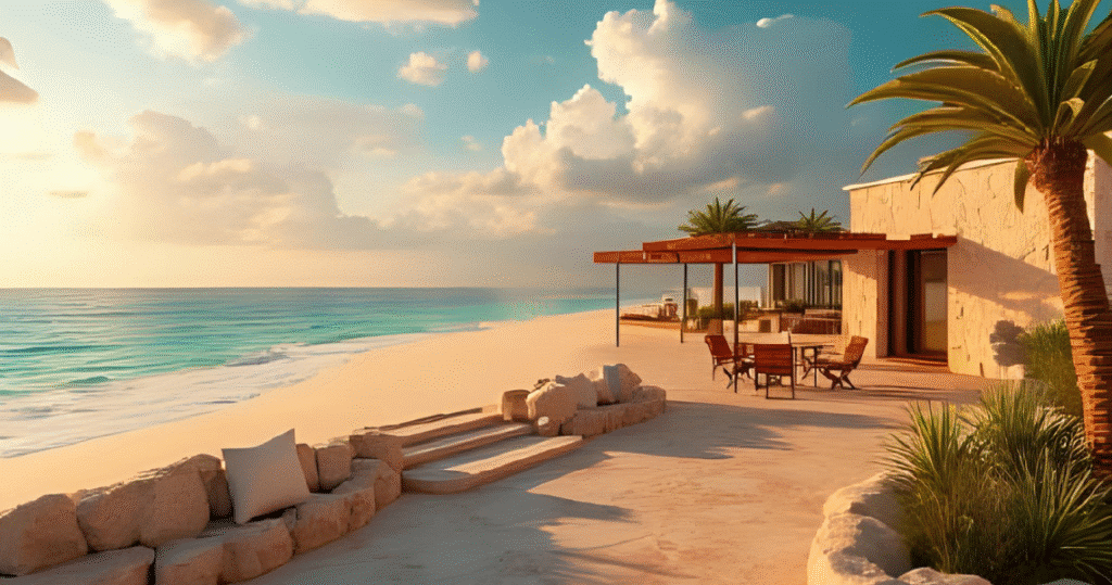 „Modernes Strandhaus in Mexiko bei Sonnenuntergang – perfekte Umgebung für digitale Nomaden und Online-Unternehmer beim Auswandern nach Mexiko“