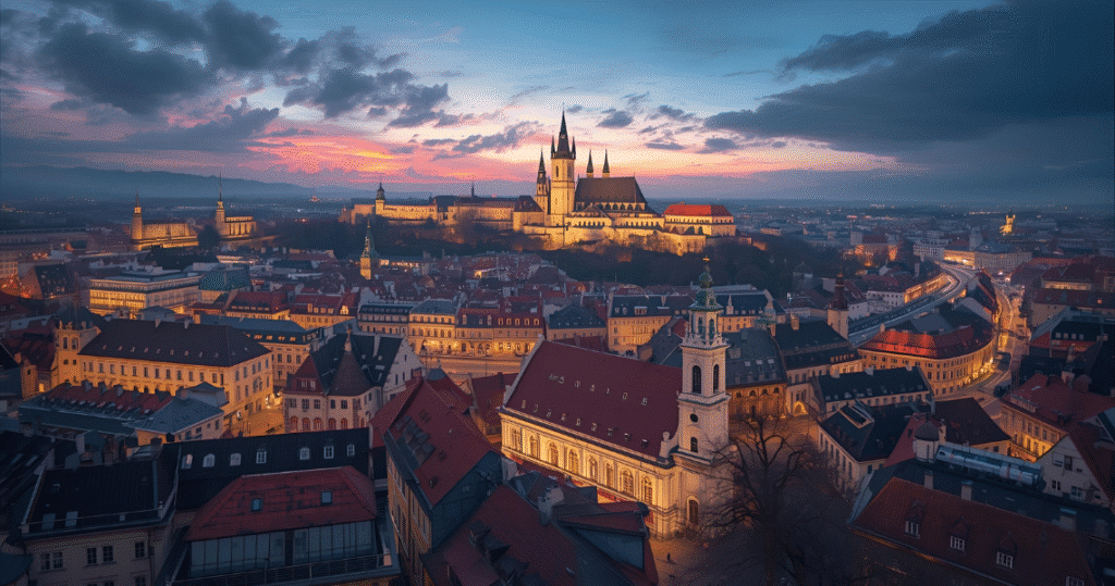 Panorama einer tschechischen Stadt bei Sonnenuntergang, auswandern tschechien, auswandern tschechien rentner, als rentner nach tschechien auswandern, auswandern nach tschechien als rentner, auswandern tschechien erfahrungen, nach tschechien auswandern
