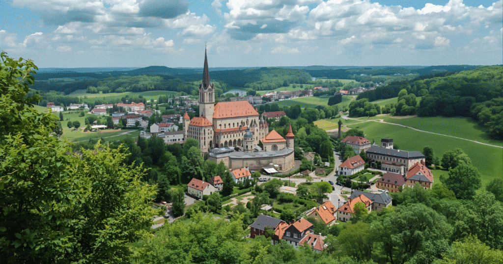 Ländliches Dorf mit großer Kirche in Tschechien, grüne Hügel, auswandern tschechien erfahrungen, als deutscher rentner nach tschechien auswandern, auswandern als rentner nach tschechien, nach tschechien auswandern, auswandern tschechien