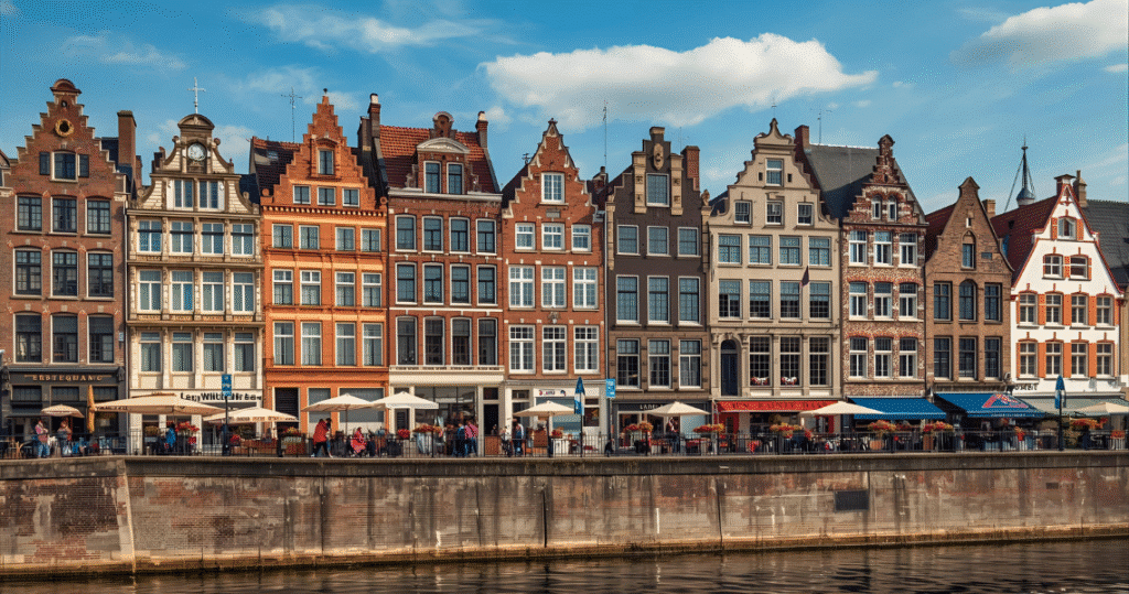 Uferpromenade mit traditionellen belgischen Häusern, beliebt zum Auswandern nach Belgien, insbesondere für Deutsche