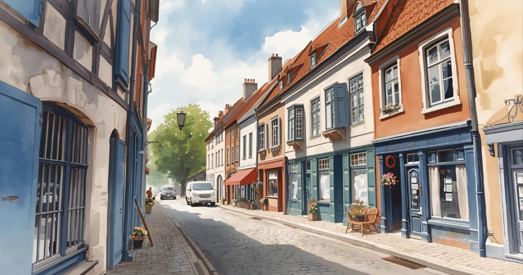 Typische belgische Altstadtstraße mit bunten Häusern, ideal für Auswanderer nach Belgien, inklusive Erfahrungen und Lebensqualität