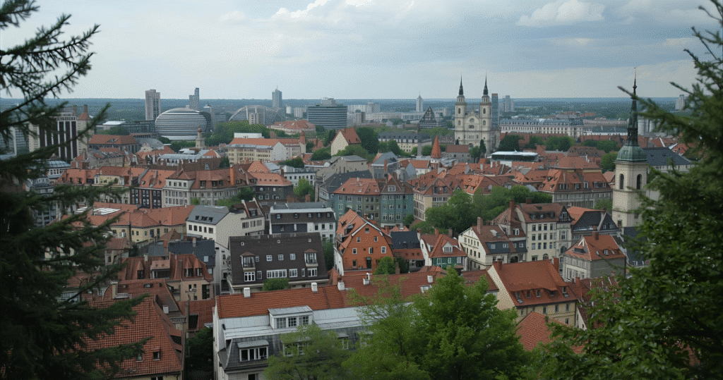 Stadtpanorama von Breslau mit modernen und historischen Gebäuden sowie markanten Kirchtürmen, eingebettet im Grünen
