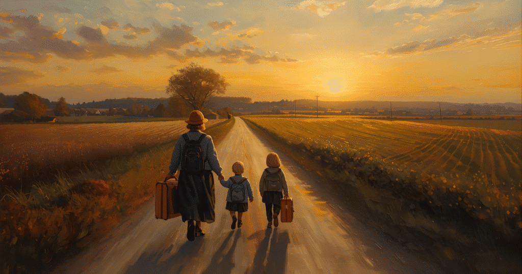 Rückansicht einer Mutter mit zwei Kindern beim Wandern auf einem Landweg in Polen im Sonnenuntergang, Symbol für Auswandern als Familie
