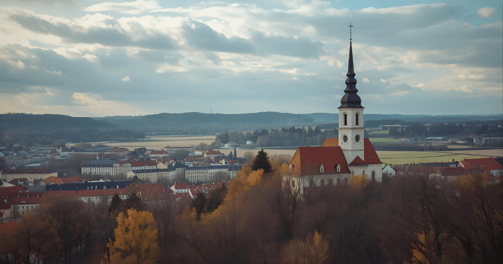 Weitwinkelaufnahme einer typisch polnischen Stadt mit markanter Kirche, roten Dächern und herbstlicher Natur im Vordergrund