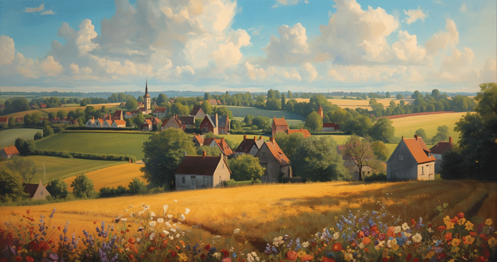 Malerische belgische Landschaft mit Feldern und Dorf, zeigt Vorteile für Rentner, die nach Belgien auswandern wollen