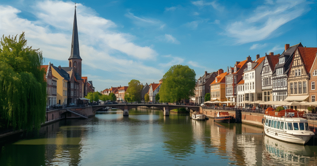 Belgisches Flussufer mit traditonellen Häusern und Booten, beliebte Wohnlage für Auswanderer nach Belgien und Rentner