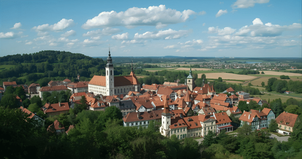 Luftaufnahme einer hübschen polnischen Kleinstadt mit rotem Dachmeer, markanter Kirche und grünem Umland im Frühling.