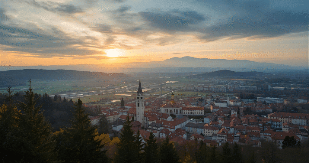 Ausblick auf eine Stadt in Serbien bei Sonnenuntergang – beliebter Ort für auswandern nach serbien, serbien auswandern und Austausch im auswandern nach serbien forum, optimal auch für Rentner