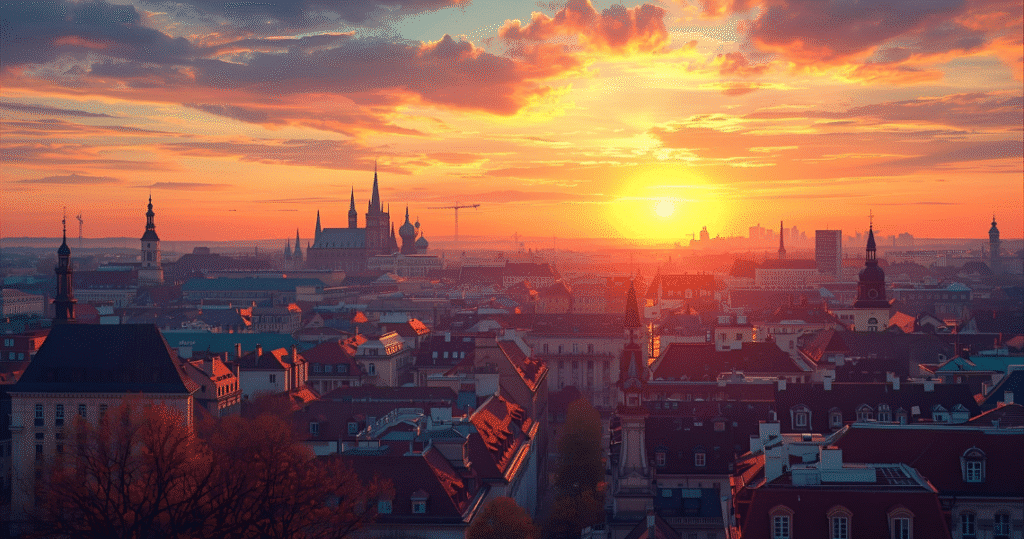 Spektakulärer Sonnenaufgang über den historischen Dächern und Kirchtürmen einer polnischen Großstadt, Blick auf Warschau von oben.