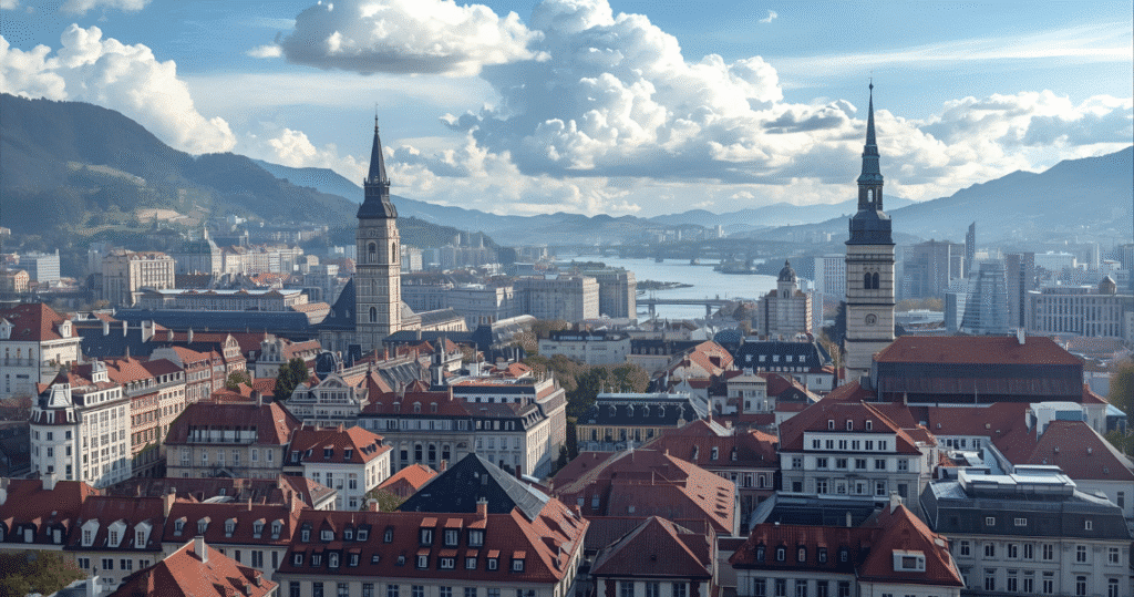 Panoramablick auf eine serbische Stadt zwischen Bergen – ideal für auswandern nach serbien als rentner, Digital Nomads und Austausch im auswandern nach serbien forum