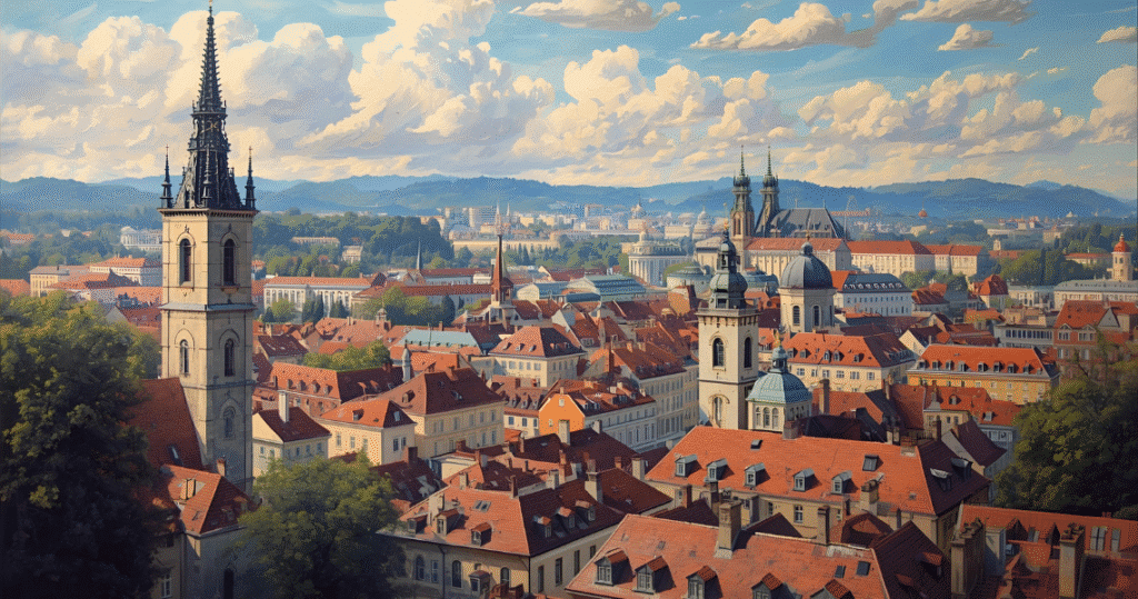 Blick über die Dächer einer tschechischen Stadt, Kirchtürme, auswandern tschechien, auswandern tschechien rentner, nach tschechien auswandern, als rentner nach tschechien auswandern, auswandern nach tschechien als rentner