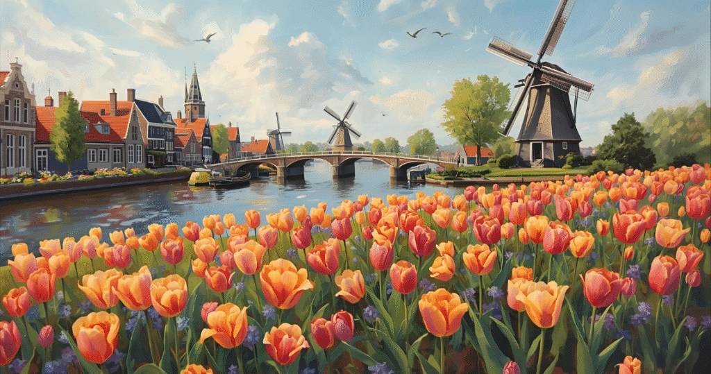 auswandern niederlande vorteile, utrecht niederlande auswandern – Tulpen und Windmühlen als Sinnbild für das Auswandern nach niederlande, ideal auch für Rentner in Holland