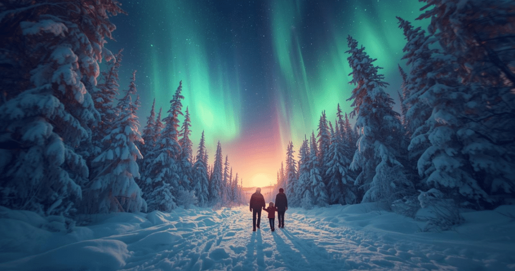 Nach Finnland auswandern – Familie genießt den Winter in Finnland mit Polarlichtern, Erfahrungen auswandern Finnland Rentner und Voraussetzungen für ein neues Leben.