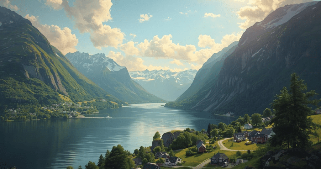 Norwegische Fjordlandschaft mit Dorf – ideal für auswanderer norwegen, als deutscher rentner nach norwegen auswandern, erfahrungen auswandern nach norwegen