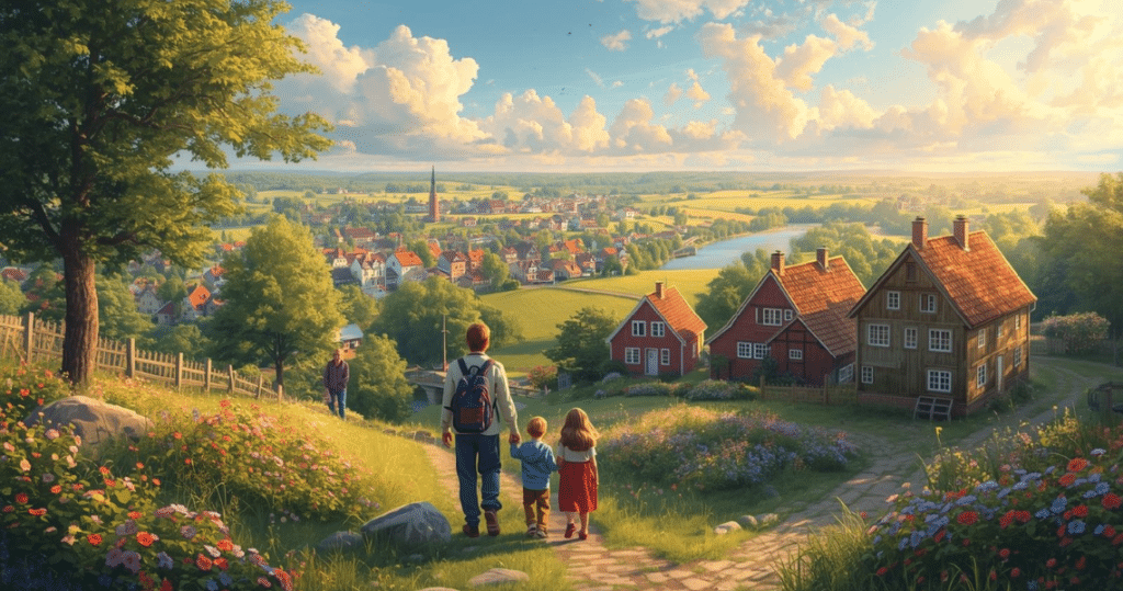 Familie wandert durch dänische Landschaft, Vorteile auswandern Dänemark, neues Leben mit Kindern
