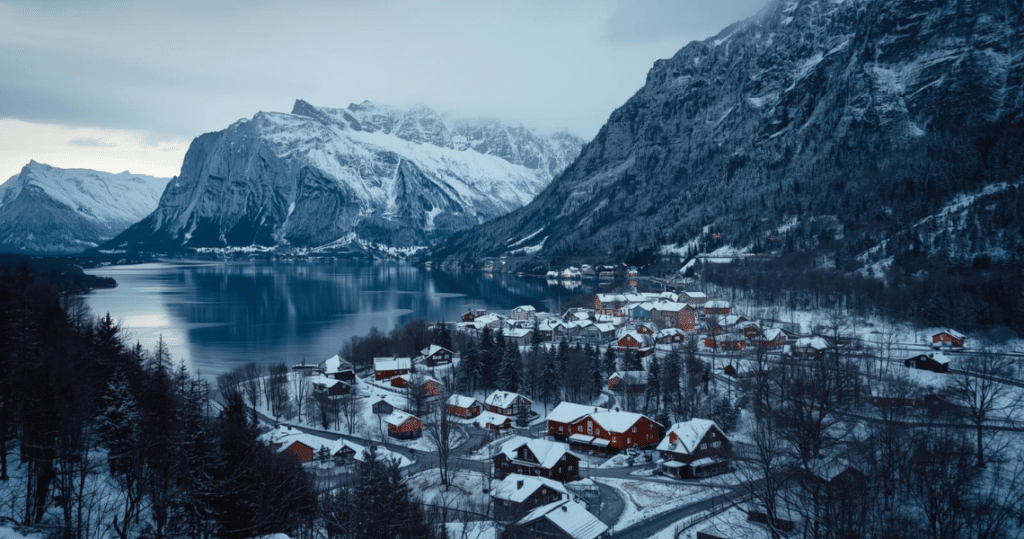 Schneebedecktes norwegisches Dorf am Fjord – auswandern norwegen als rentner, als rentner nach norwegen auswandern, leben in norwegen rente, erfahrungen deutsche auswanderer norwegen