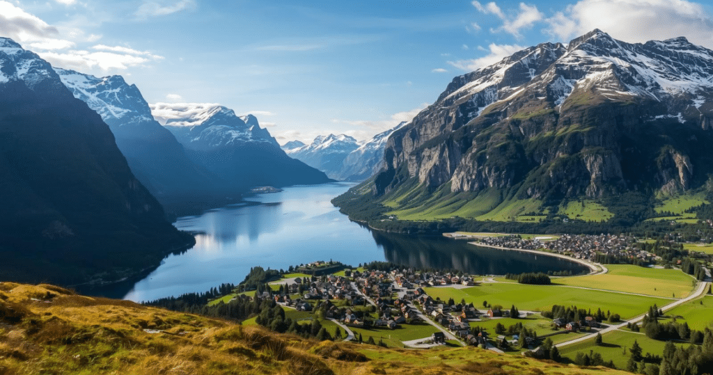 Norwegische Landschaft mit Dorf und Fjord im Sommer, ideales Umfeld für auswandern nach norwegen mit kindern, nach norwegen auswandern voraussetzungen, oslo auswandern