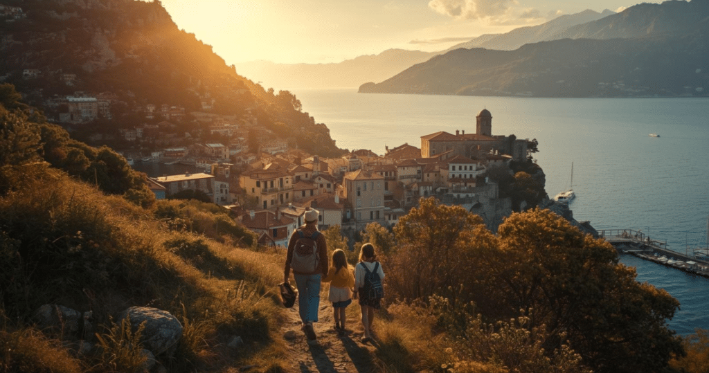 Familie wandert in Montenegro, Sonnenuntergang über Küstenstadt – montenegro auswandern erfahrungen, montenegro deutsche auswanderer, auswandern nach montenegro