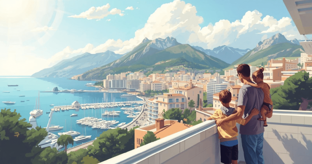 Familie blickt auf Monaco vom Balkon mit Yachthafen und Bergen – perfekte Darstellung für monaco auswandern und monaco auswandern voraussetzungen