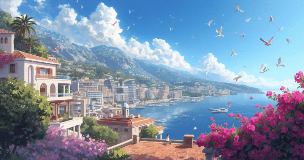 Typisch mediterraner Blick auf Monaco mit blühenden Pflanzen und Meer, inspiriert zu monaco auswandern und auswandern nach monaco