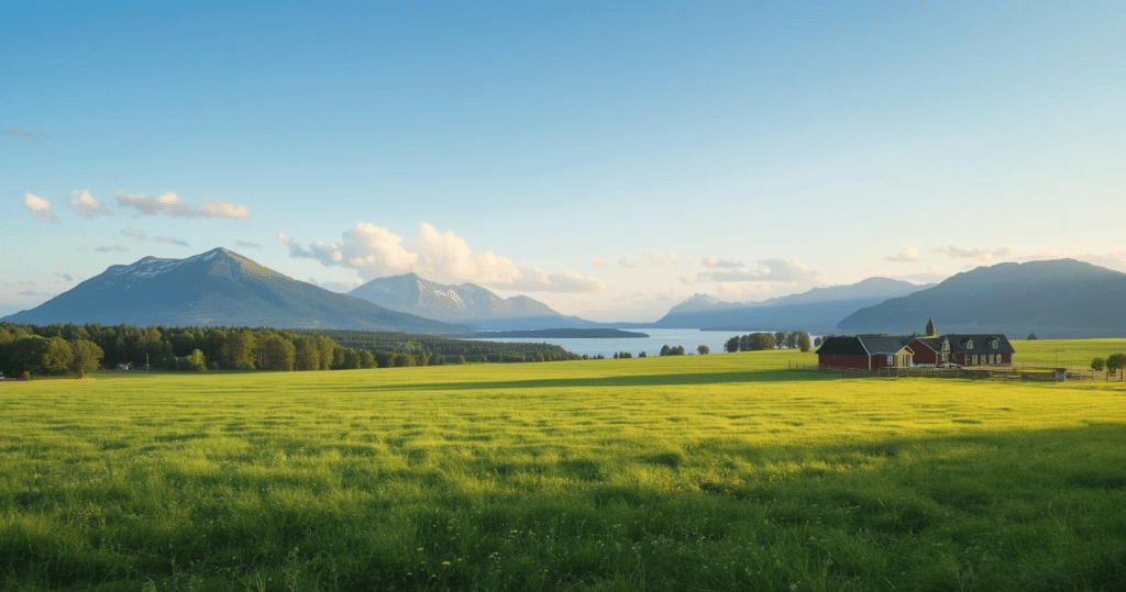Grüner norwegischer Hof vor Bergen und Fjord, Symbolbild für auswandern nach norwegen, leben in Norwegen, als deutscher nach norwegen auswandern