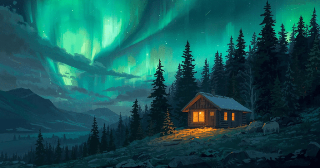 Norwegische Blockhütte unter Polarlichtern, Inspiration für auswandern norwegen erfahrungsberichte, auswandern nach norwegen mit hund oder als rentner