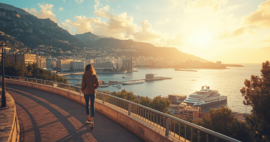 Frau genießt den Sonnenuntergang und den Blick auf den Hafen von Monaco, beispielhaft für auswandern monaco und nach monaco auswandern