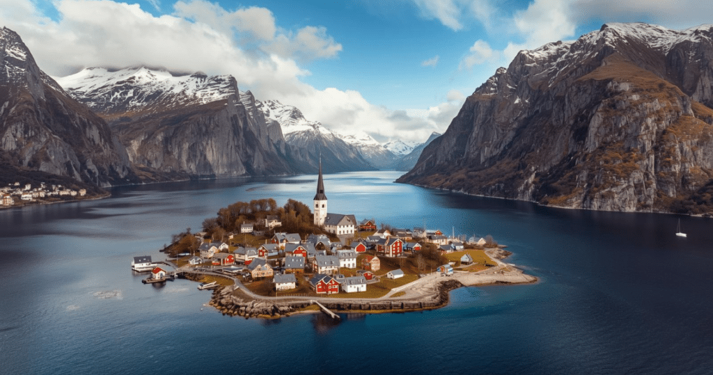 Dorf auf einer norwegischen Insel im Fjord – Symbolbild für umziehen nach norwegen, auswanderer norwegen, jobs in norwegen auswandern